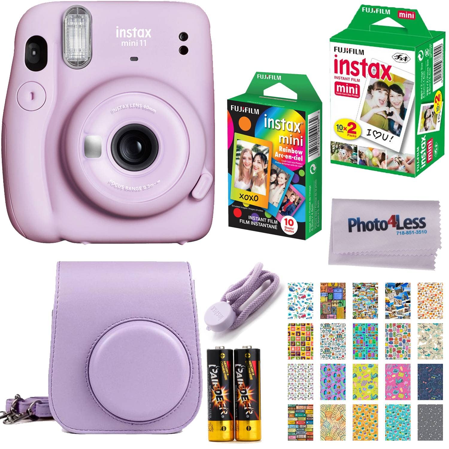 Fujifilm Instax Mini 11 Instant Camera - Lilac Purple (16654803) + Fujifilm  Instax Mini Twin Pack Instant Film (16437396) + Single Pack Rainbow Film +  